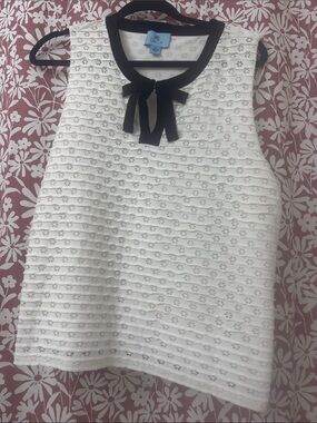 CeCe White Eyelet Sleeveless Top with Black Bow Trim